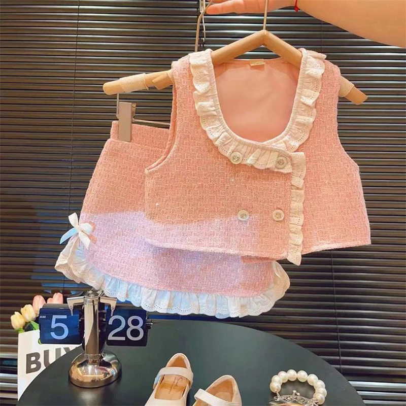 Elegance Spring Autumn Childent Coat Girls Princess Pink Sweet Pullover Vest+Bow Shirt +Short Skirt 3Pcs Princess Cotton Suits