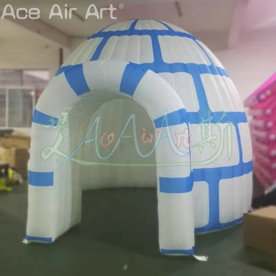 Blue & White Inflatable Igloo Father Christmas's Grotto Winter Inflatable Dome Tent for Outdoor Christmas Decor Kids Fun