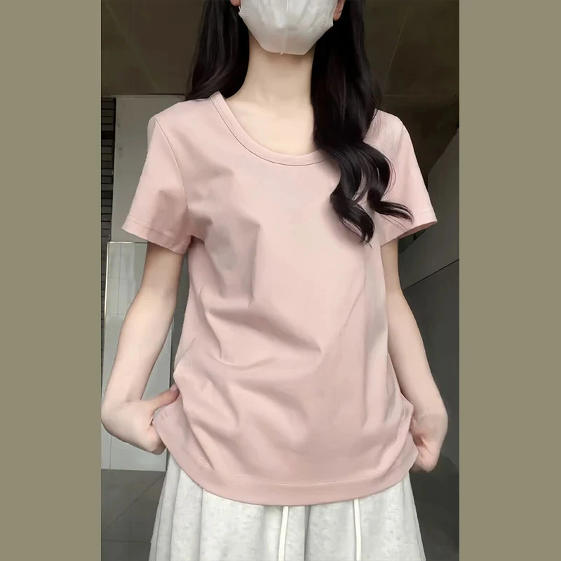Hangzhou Season Green Guangzhou Thirteenth Factory Women's Short Sleeve U-Neck T-Shirt Korean Style Commute Pure Color Cotton