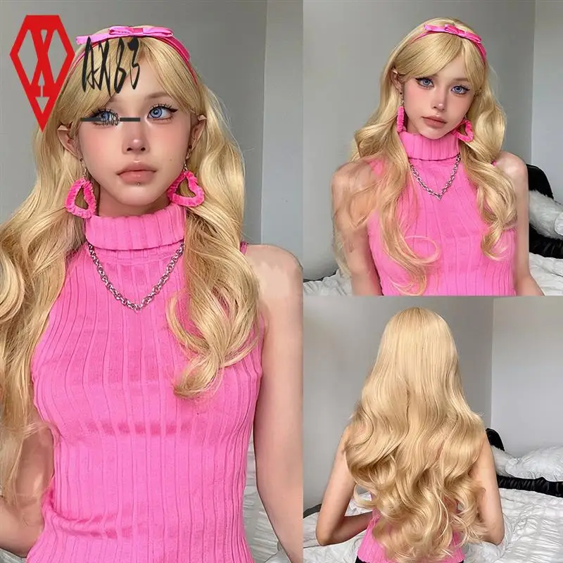 

AX83-Long Water Wave Wig With Bangs White Colorful Cosplay Silky Wig For Women Daily Party Synthetic Hair Heat Resistant