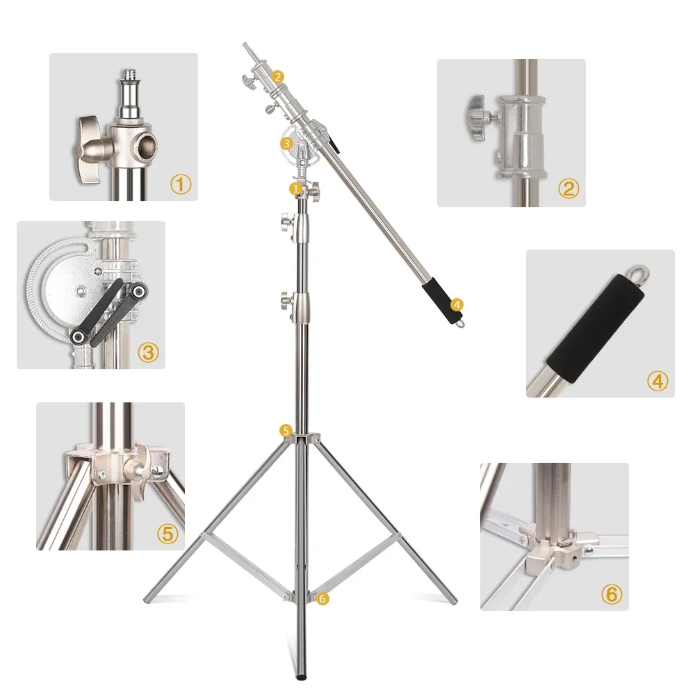 Großes Stativ aus Edelstahl, 2/2,8/3,2 m, faltbar, leichtes Super-Stativ, Fotografie-C-Ständer für Spotlicht, Softbox, Fotostudio