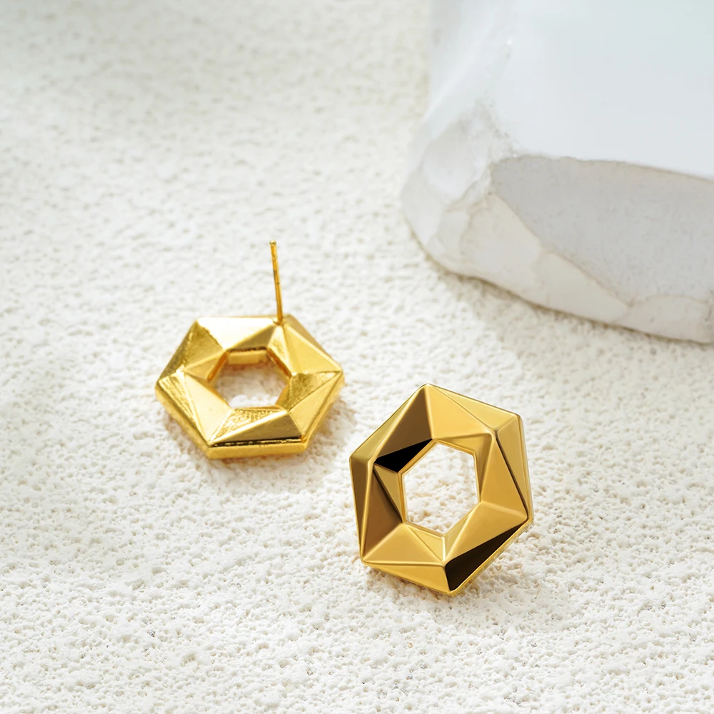 Minimalist Hollow Geometric Symmetry Gold Color Earrings Waterproof Chunky Star Ear Hoops PVD Huggie Vintage Jewelry Rust Proof - view 3