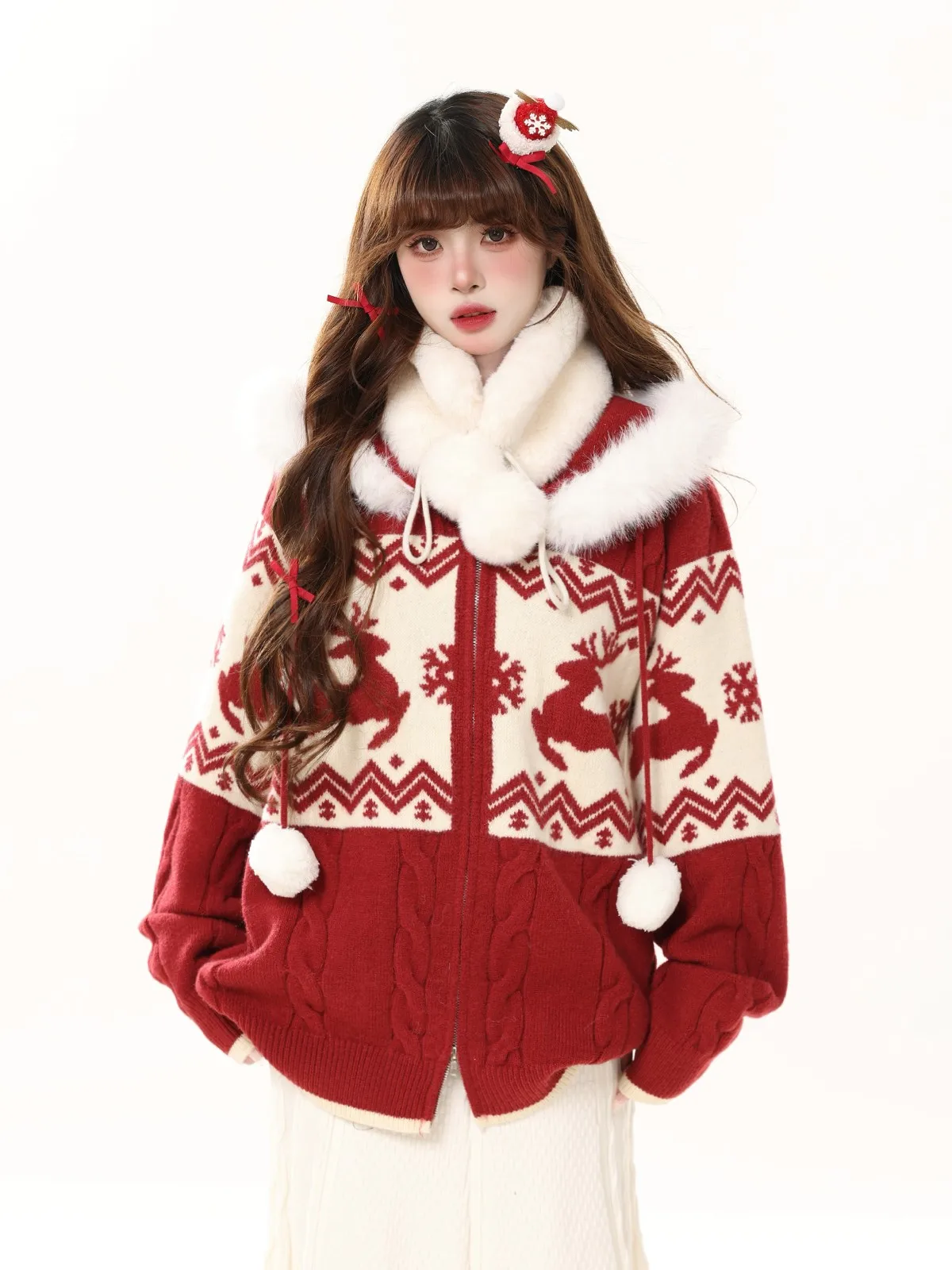 

ENJOG Retro Cisas Deer Hooded Open Cardigan Sweater Women's Autumn Winter Loose New Year's Knitted Coat with Fur Collar