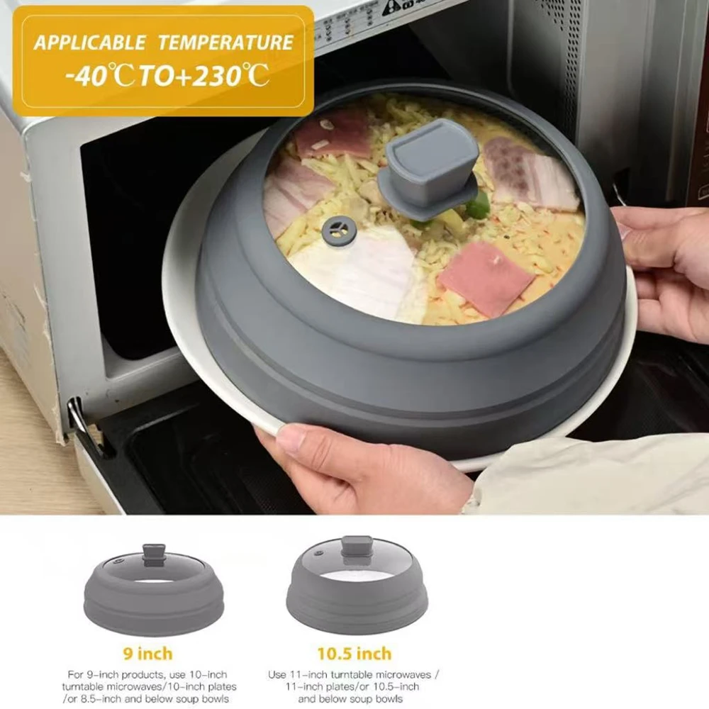 10.5 inch Microwave Splatter Cover Vented Glass Cover Splatter Guard Lid with Collapsible Silicone as Pot Cover Plate Cover 9in
