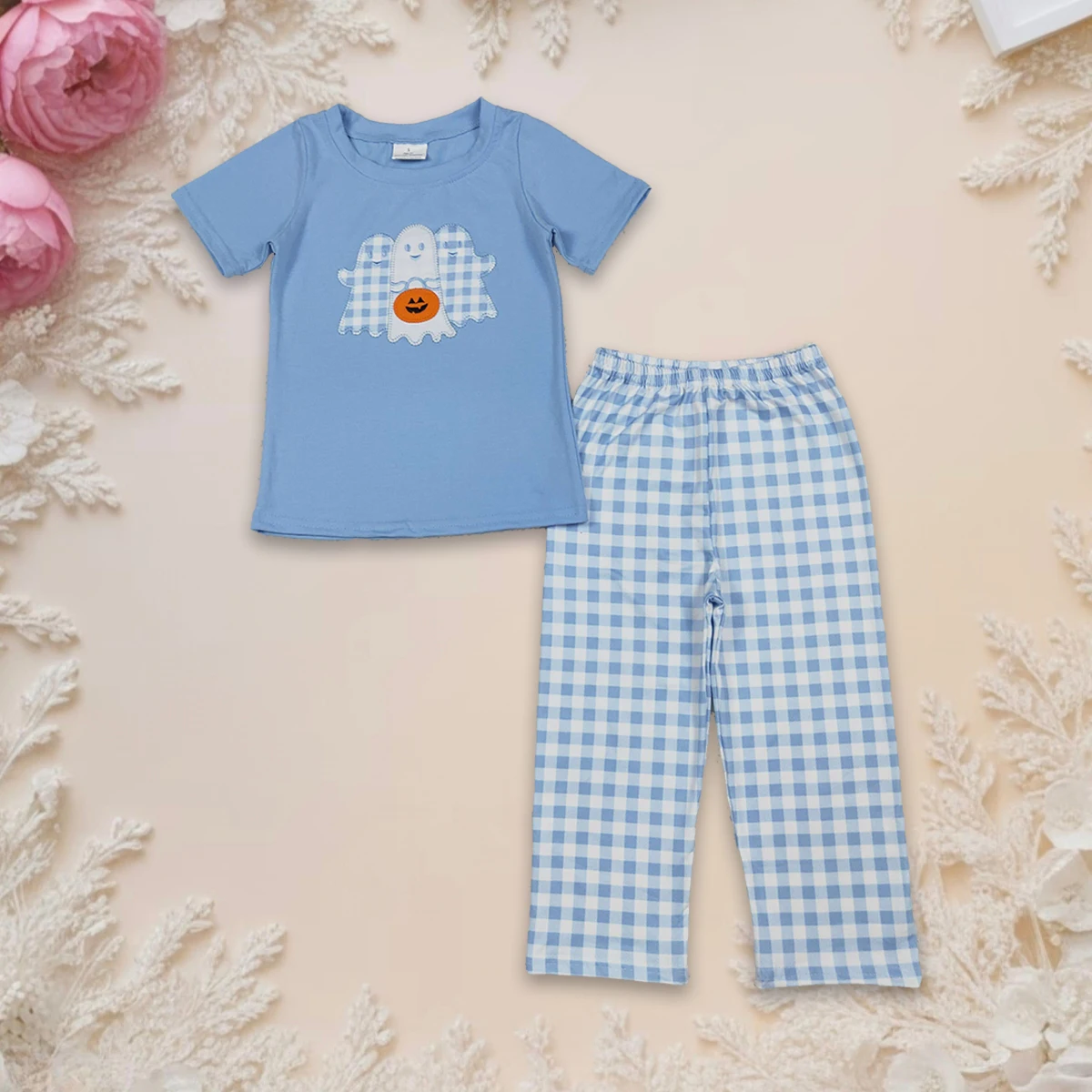 

Baby Boys Sets Halloween Clothes Toddler Short Sleeves Embroidery Ghosts Pumpkins Cotton Top Plaid Pants Outfit Kids Clothing