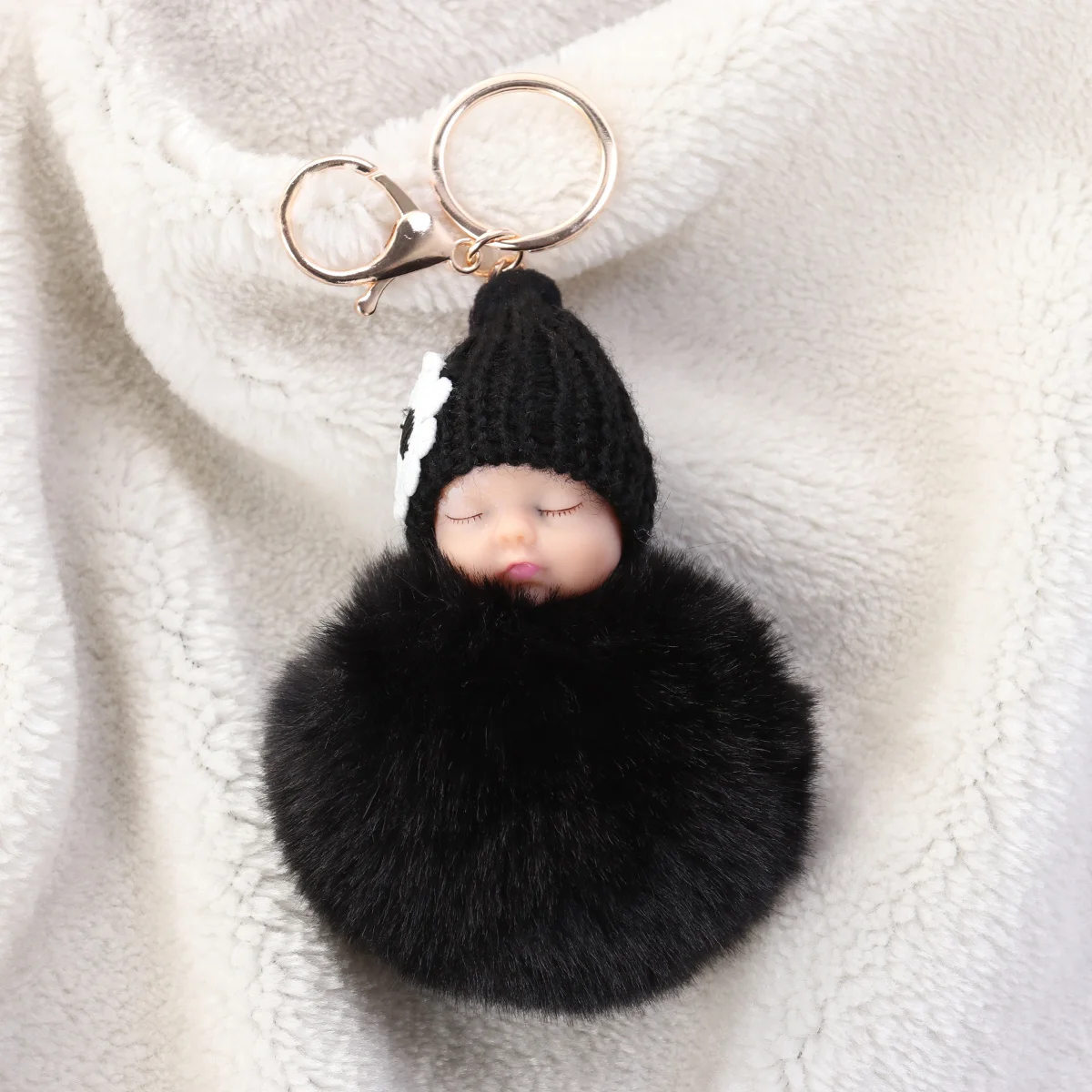 Sleeping Baby Keychain Pom Pom Soft Comfortable Touch Cute Decoration Organize Keys Pendant Gift Black Baby Key Chain
