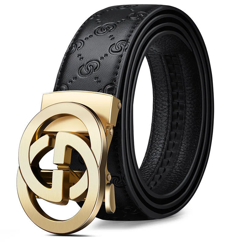 Cintos de couro genuíno para homens e mulheres, cinto de fivela automática, pulseira jeans, metal genuíno, luxo, marca famosa, nova, 34mm