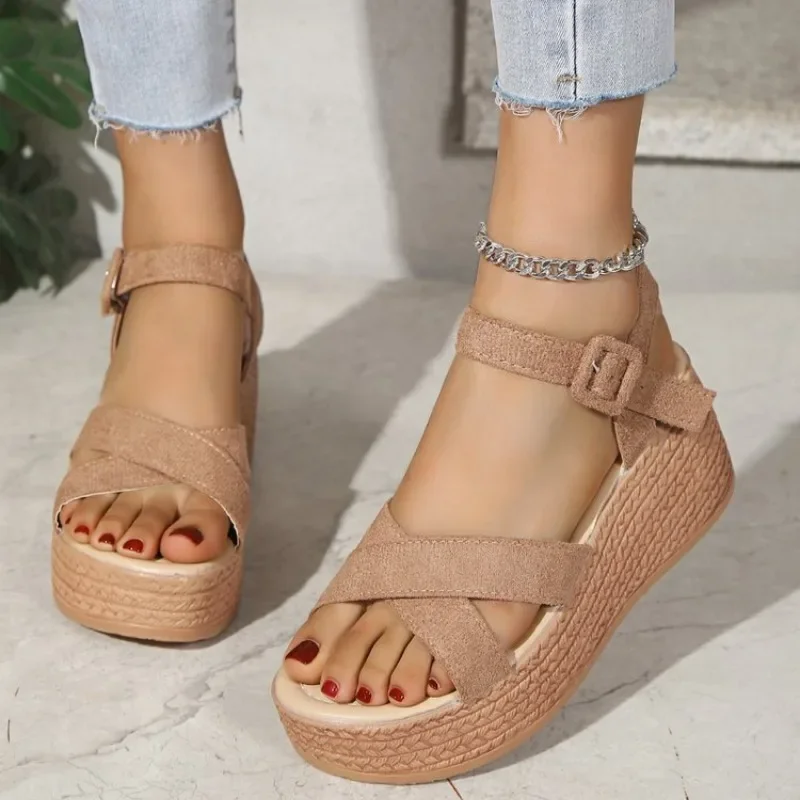 

*Fashion Womens Shoes Cloth Surface Platform Sandals with Heel Suit Female Beige Buckle Strap Muffins Shoe Luxury Espadrilles