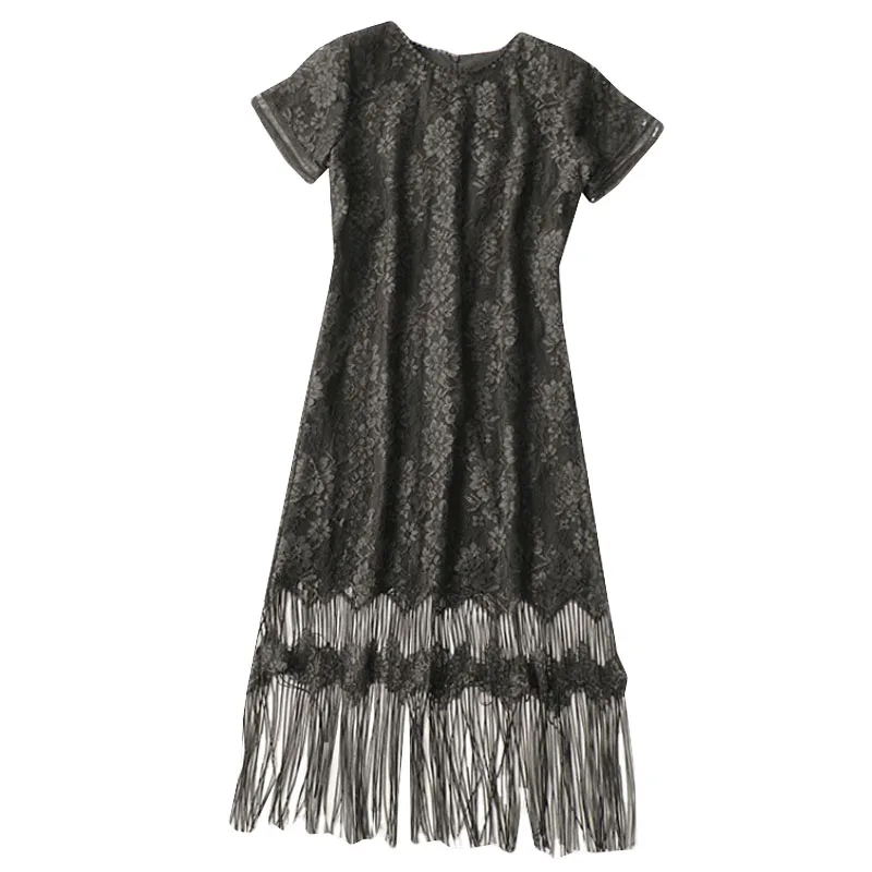 Summer Long Lace Dr round Ne ort Sve Women's Casual Faion Dr Extended Length Ele Gown for Ladies