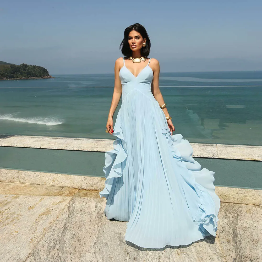 Galarity Light Blue Elegant Pleated Prom Dress V Neck Spaghetti Strap Backless Evening Dresses Long Flowy Party Dress Customizd