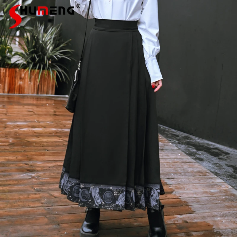 

Retro Elegant Chinese Style Improved Black Long Skirt For Women Daily Wear Skirt High Waist Pleated Loose Mid Calf Skirts Autumn