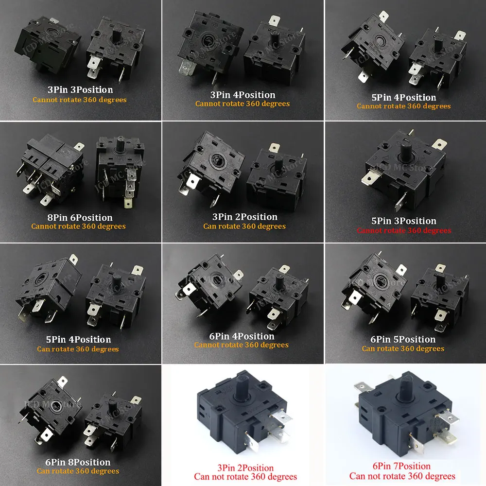 1PC AC 250V 16A Electric Room Heater Gear Knob Switch 3/4/5/6/7/8 Position 3Pin 5Pin 6Pin 8Pin Rotary Switch Selector Radiator