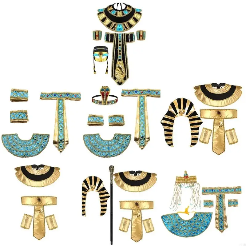 

652F Egyptian Costume Accessories Set Egyptian Pharaoh Headpiece Egyptian Collar Wristbands for Halloween Role Play Cosplay