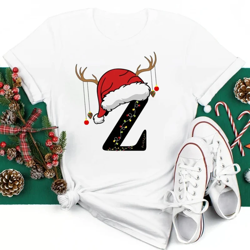 Custom Name Letter Combination Women T-shirt Cute Christmas Hat Font A B C D E F G Short Sleeve Tops Merry Christmas T-shirts