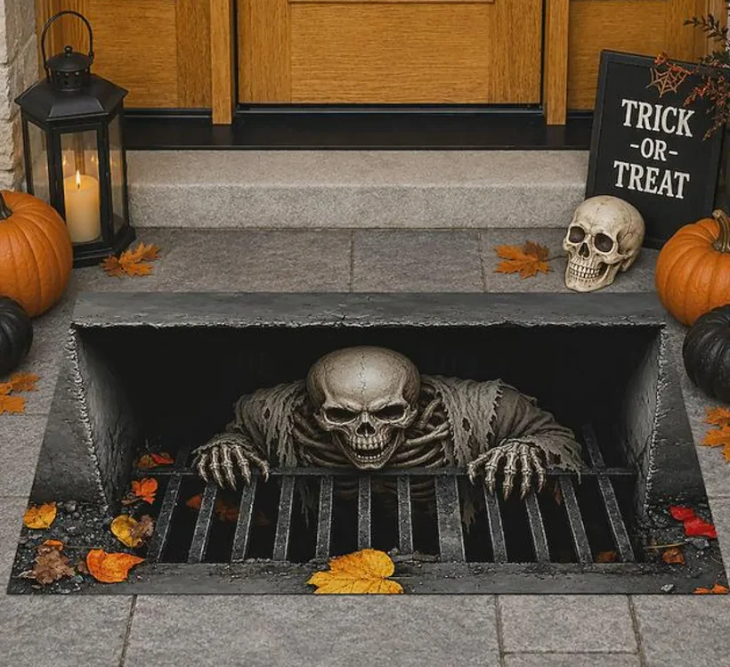Skeleton 3D Illusion Doormat Halloween Horror Door Mat, Creepy Skull Floor Mat, Spooky Front Porch Decor, Scary Halloween Gift