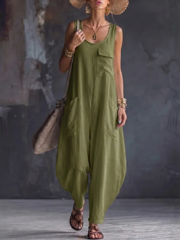 Lemongor Women Vintage Solid Color Square-Neck Jumpsuits 2026 New Loose Sleeveless Pockets Baggy Harem Vacation Casual Overalls