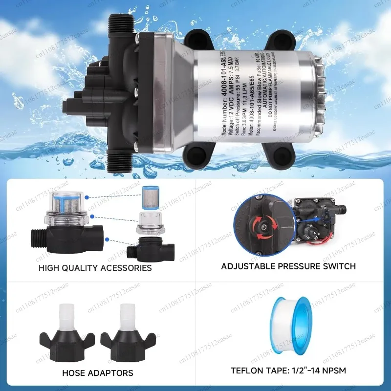 12V RV Water Pump 4008-101-A65/E65 | 3.0 GPM - 55 PSI | Camper RV Water Pump | Self-Priming & Quiet Diaphragm Pump