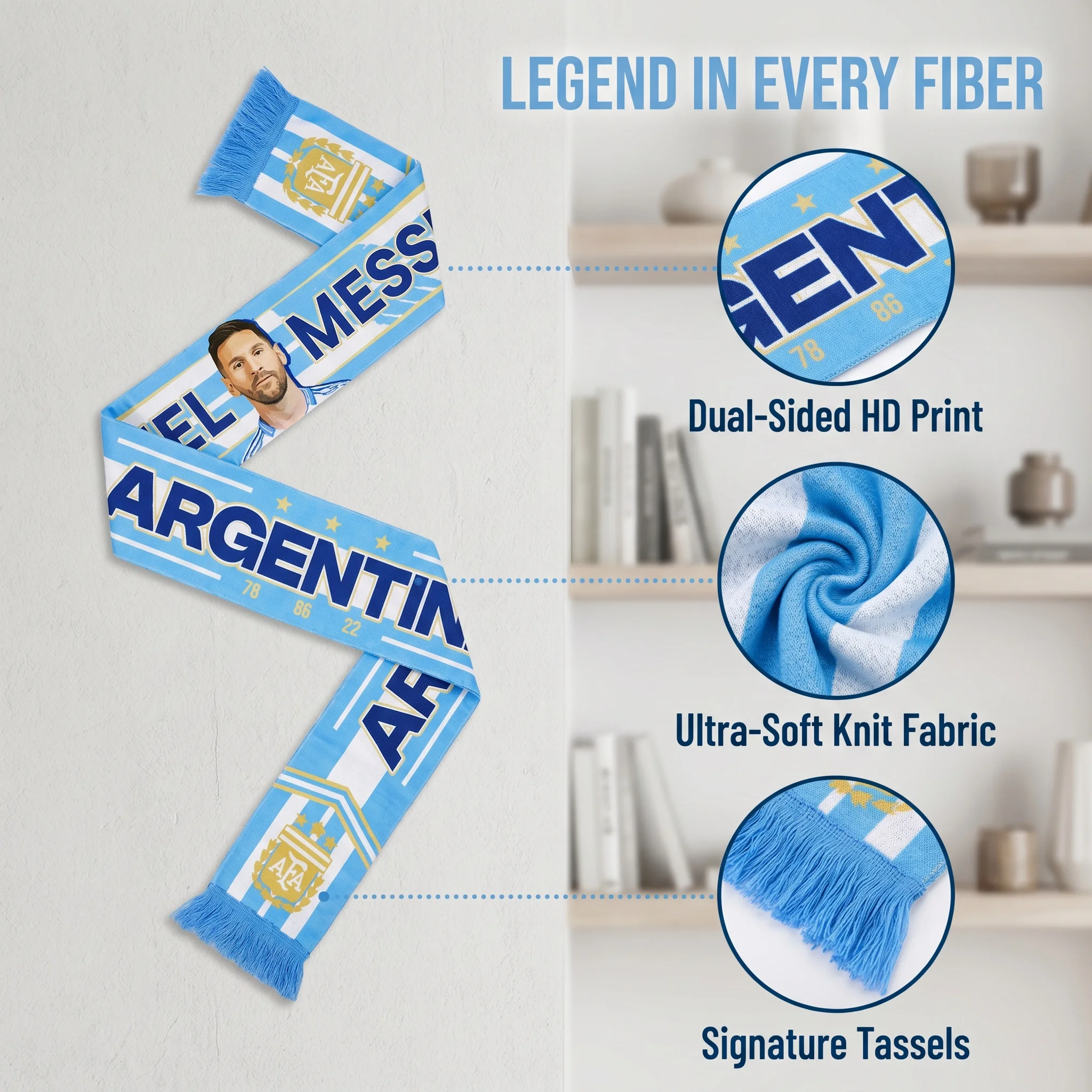 Official Licensed Argentina National Team Messi No.10 Cheer Scarf Banner, Fan Merchandise for Match Viewing, Collection & Gifts