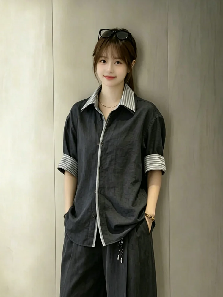 

Men's And Women's Casual Style Mock Two-Piece Short Sleeve Shirt Linen-Like Design Seven-Quarter Sleeve Ice Silk Shirt