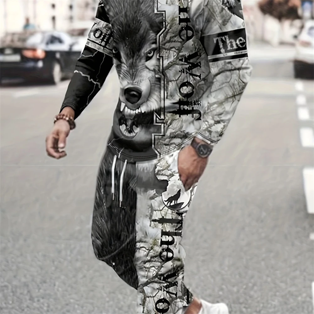 

2-Piece 3D Printed Wolf Pattern Men's Outfit Casual Crew Neck Long Sleeve T-Shirt suit Drawstring Sweatpants Joggers Set