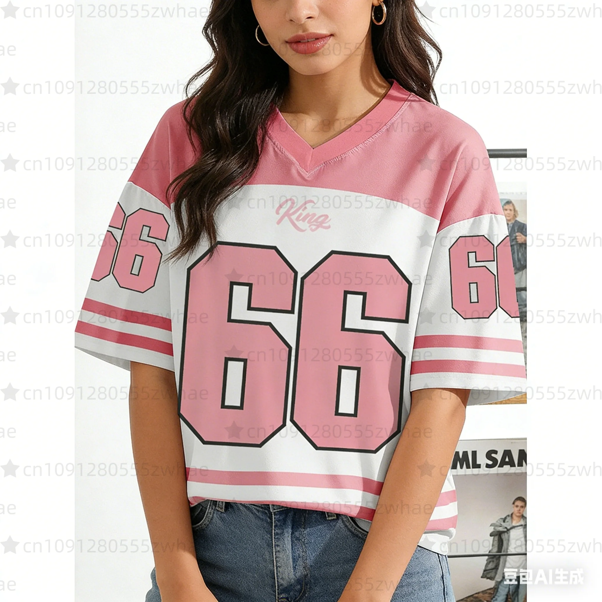 2026 Summer New V-neck Women's Casual T-shirt King Letter Printed Polyester Hoodie Summer Daily Outdoor Street Wear