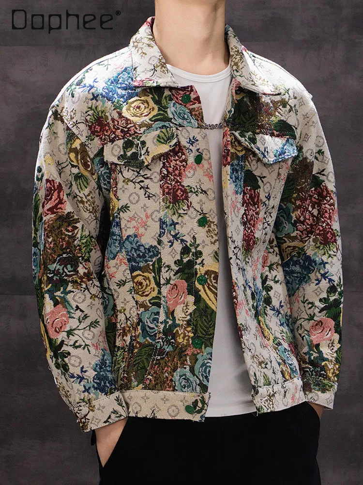 

Весна и осень 2024, новая повседневная джинсовая куртка с цветочным принтом в американском стиле для мужчин, свободная рабочая одежда, светло-голубая, бежевая куртка