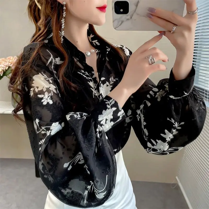 Women\'s Korean Fashion Floral Print Button Shirt Office Lady Vintage Elegant Commute Blouse Casual Long Sleeve Loose Tops Blusas