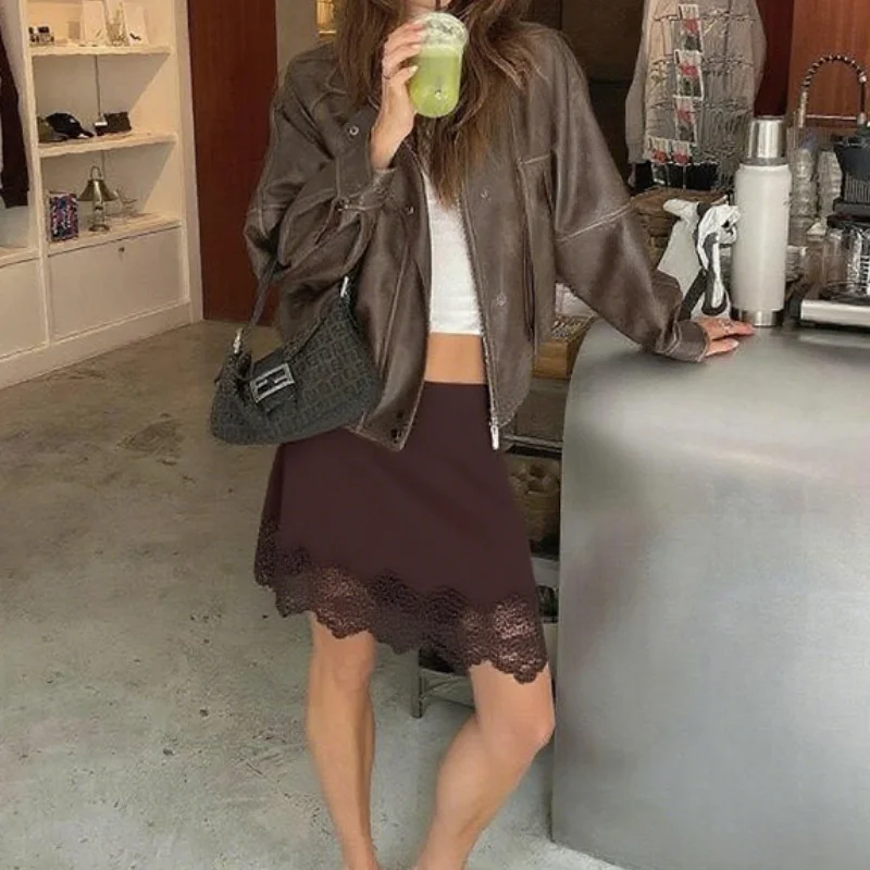 2025 nouvelle mode taille haute jupes décontractées Vintage dentelle Patchwork Satin Mini jupe femmes ample sortie femme jupe Streetwear
