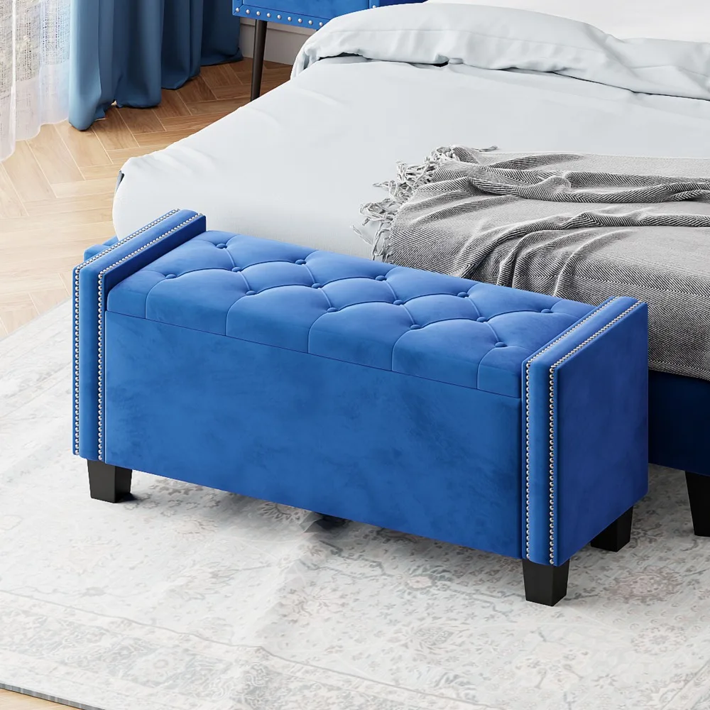 Upholstered Velvet Storage Ottoman Bench for Bedroom, End of Bed Bench with Rivet Design, Tufted Foot Rest Stool