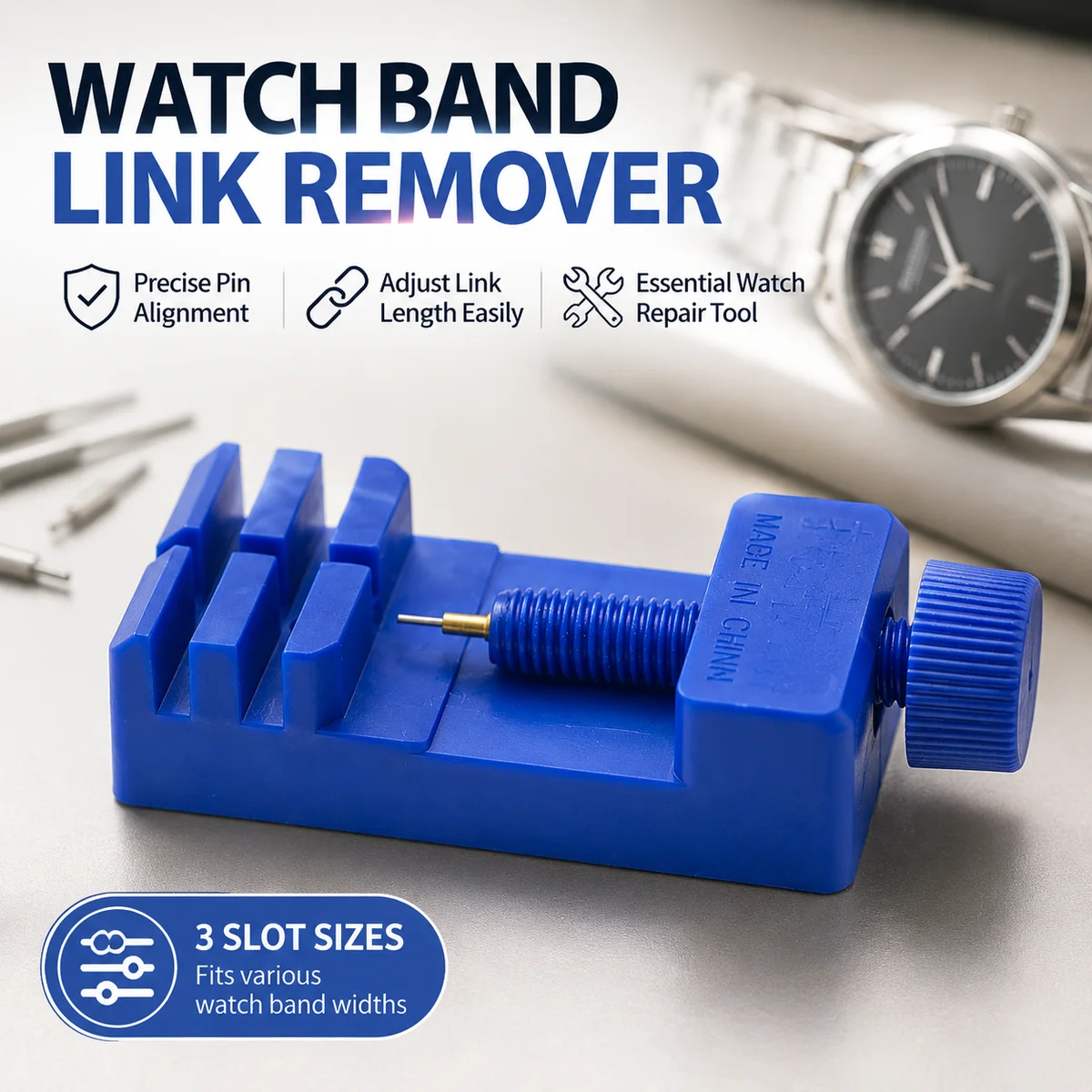 Blue Watch Band Link Remover Tool for Metal Bracelet Adjustment, Watch Repair Pin Pusher with 3 Slot Sizes