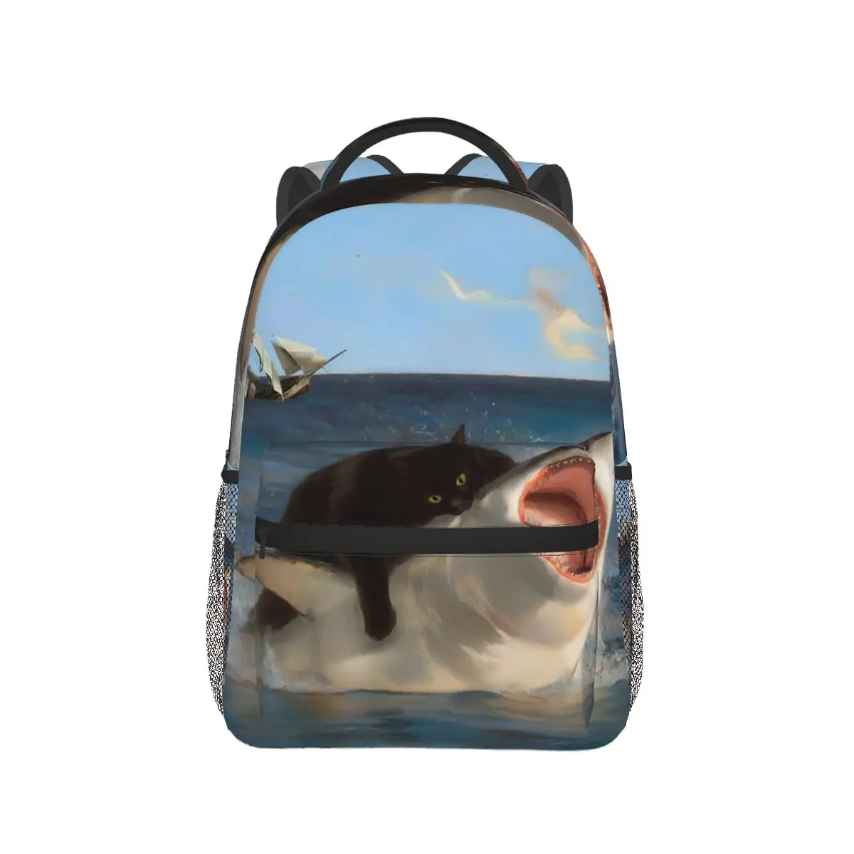 

A Cat Riding A Shark On The Sea Backpack Hot Sale Daypack Large Capacity Kids BookBag School Bag Shoulder Bags for Men Women