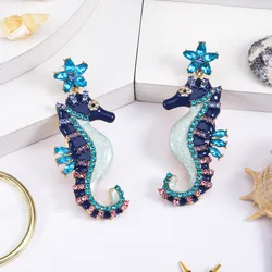 Creative Bling Crystal Hippocampus Stud Earrings Simple Cute Sea Horse Earrings For Women Ocean Beach Vacation Accessory Gifts