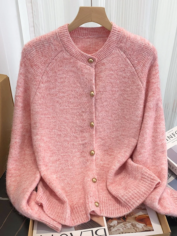 

Pink sweet round neck sweater women in autumn and winter gentle thick warm soft versatile elegant knitted cardigan top