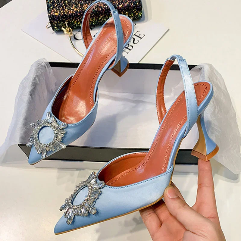 Big Size 41 42 Blue Women Pumps Silk Satin Pointy Toe Rhinestone Crystal High Heels Shoes Slip on Women Wedding Pumps Sandal