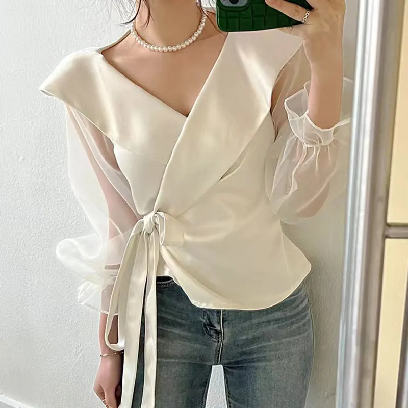 

Large Lapel Satin Shirts Blouses Elegant Chic Lace Up Blusas Mujer Mesh Flare Long Sleeve Shirt Tops Autumn Clothes Women