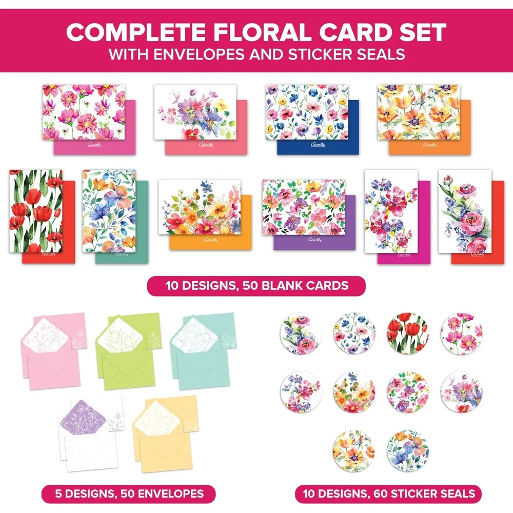 50 Pack Floral Blank Note Cards with Envelopes & Stickers - 10 Designs, 4x6in, All Occasions