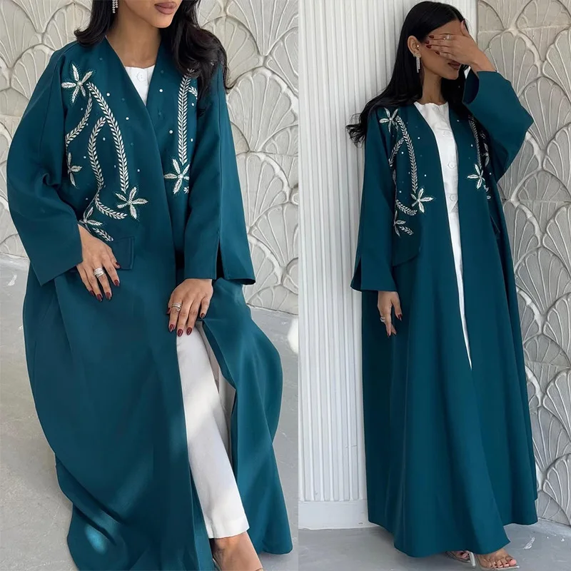 

2025 Oem Blue Middle East Dubai Robe Cardigan Elegant Modest Style Muslim Dress Luxurious Embellished Open Abaya for Women