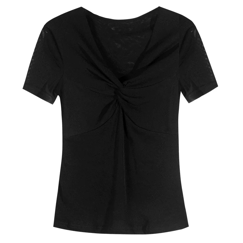 New 2026 Summer Short Sleeved Solid Color Mesh Tee Tops Elegant Slim V-Neck High Stretch Women's T-Shirt Clothies