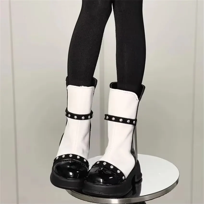 1/4 جولة تو أسود أبيض حذاء من الجلد BJD دمية الأحذية اللعب MSD الفتيات الجلود سميكة سوليد منصة مطابقة اللون إكسسوارات دمي