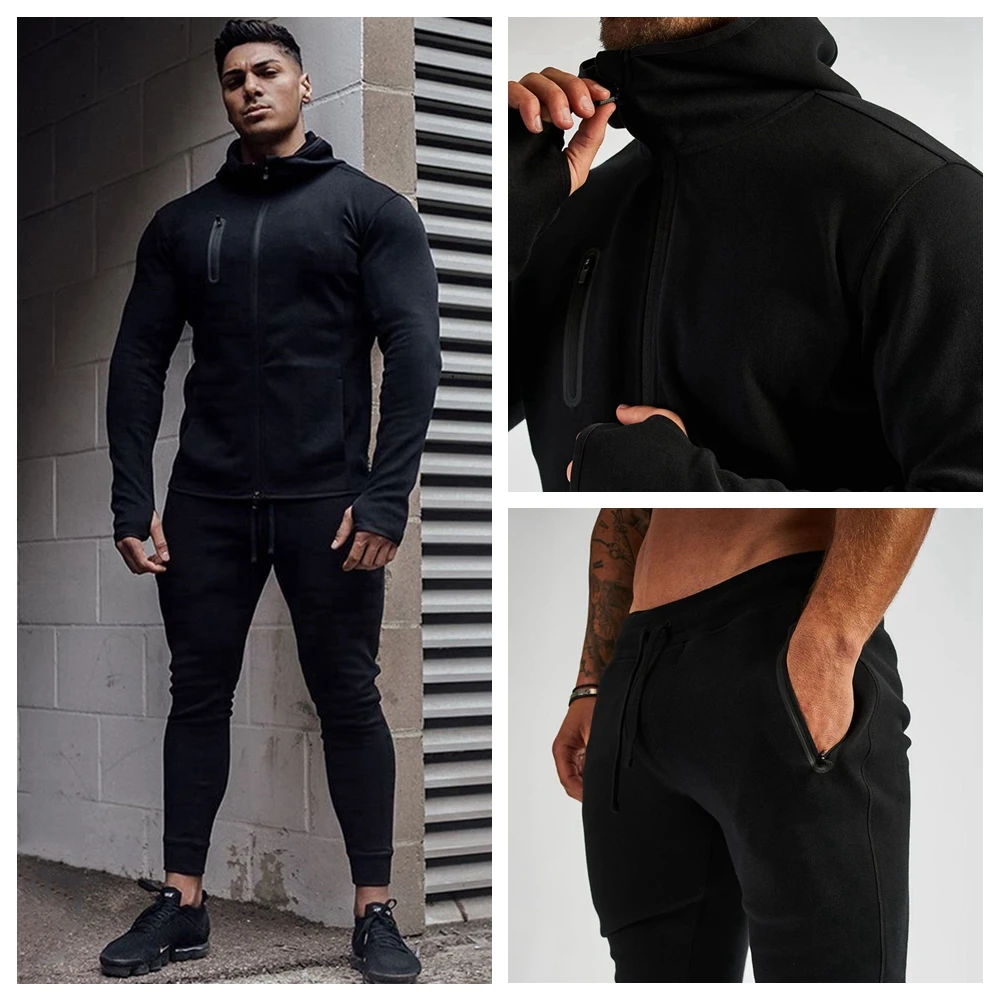 Men\'s Cotton Training Sets Gym Zipper Finger Sleeve Hoodie Sports Hooded 2-piece Top with Pants Sweatshirts Sweatpants