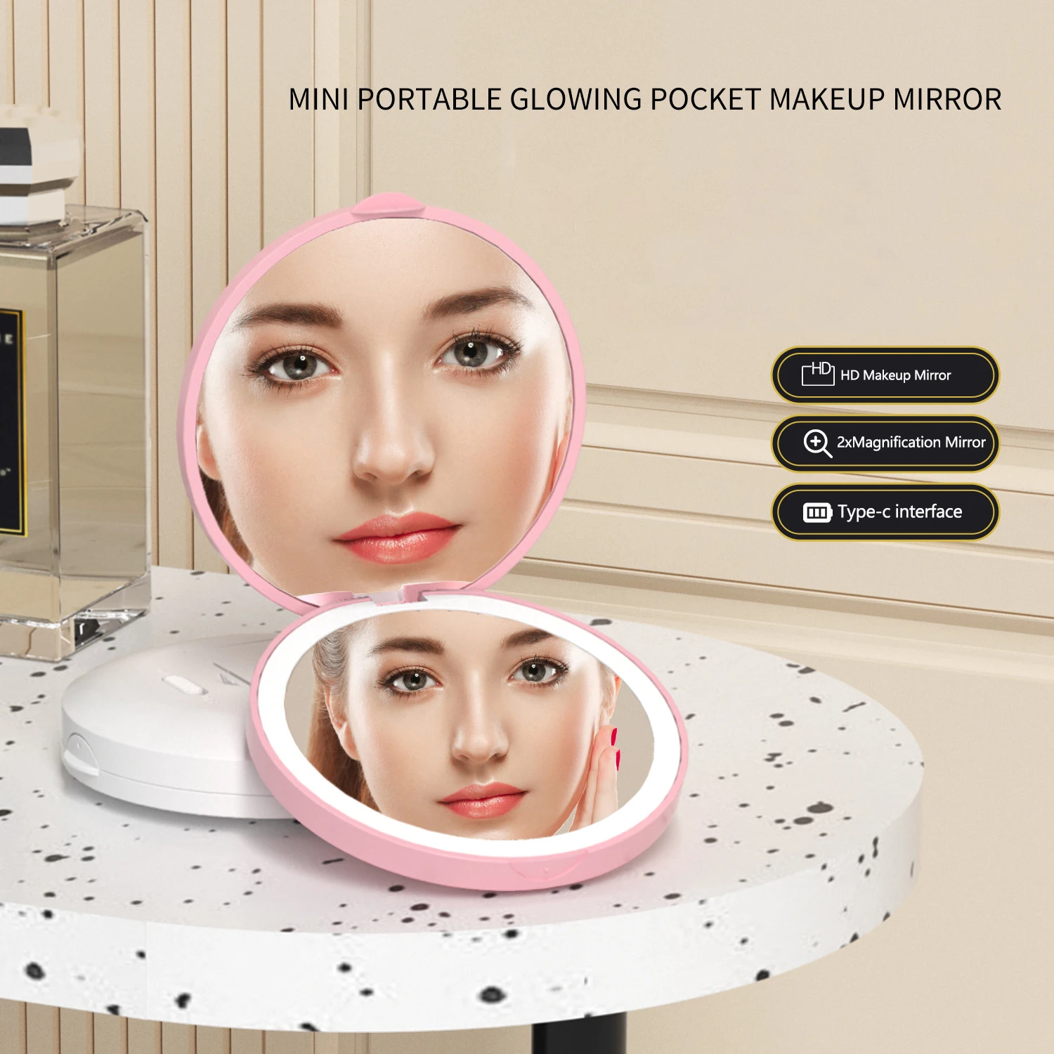 Compact Mirror with Light, 1X/2X Magnification LED Pocket Mirror with USB Data Cable, Makeup Mirror for Purse, Pocket,Travel