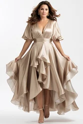 Flycurvy Plus Size Wedding Guest Champagne Satin Puff Sleeve High Low Hem Maxi Dress