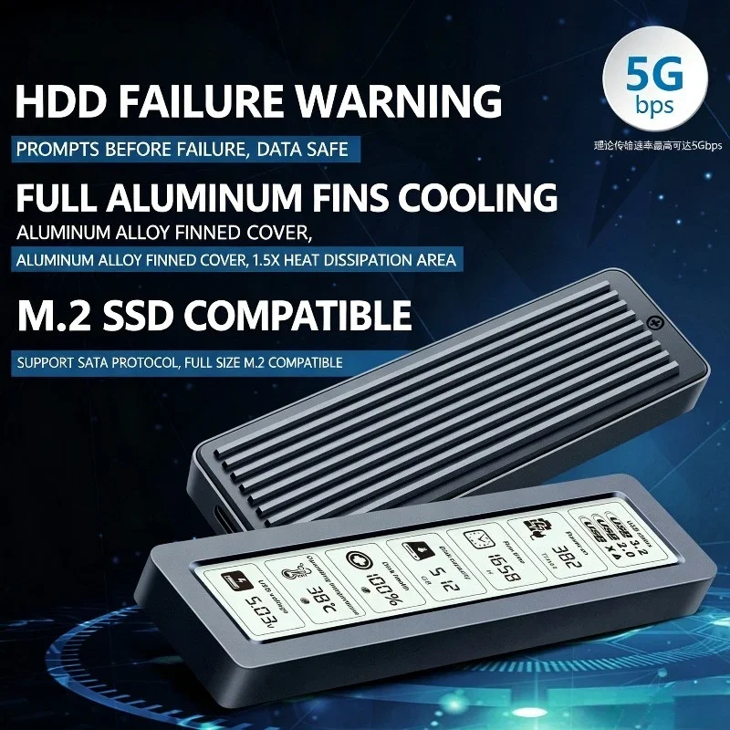 M.2 Intelligent Screen Display Enclosure Universal SATA Protocol High Speed Type C USB3.2 LTN26-P with A-C 5G Data Cable