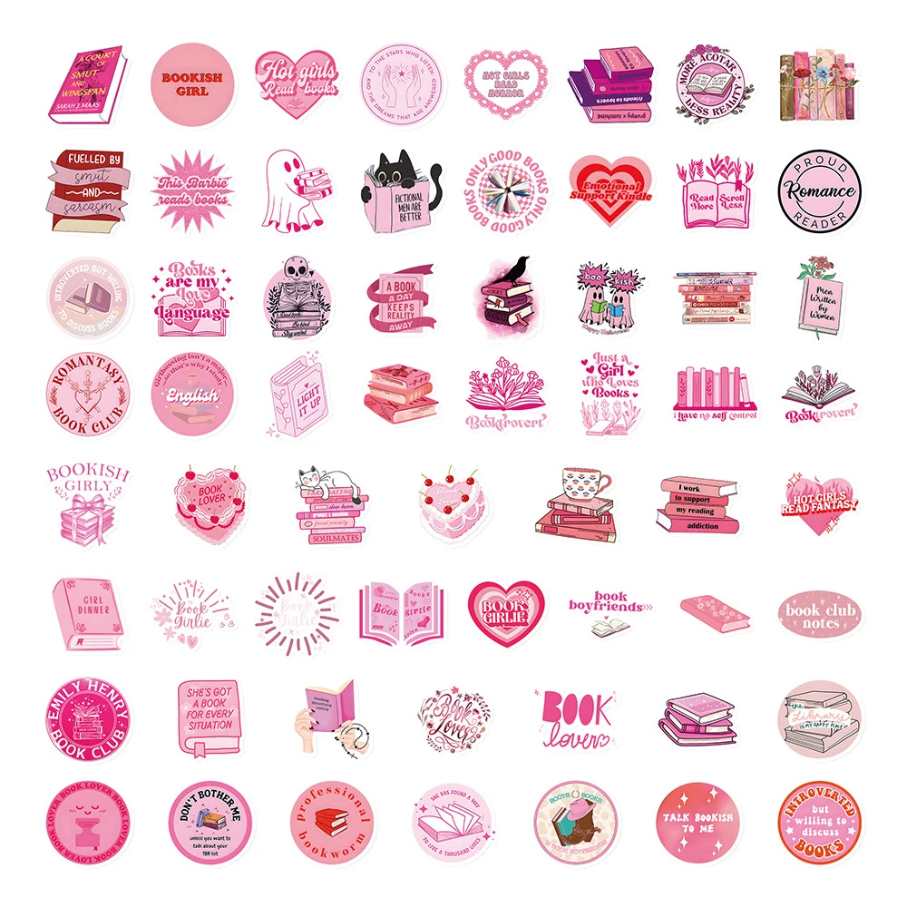 10/30/60pcs Cute Pink Reading Book Bookish Stickers Kawaii Cartoon Decals Laptop Notebook Phone Suitcase Decoration Sticker Toys