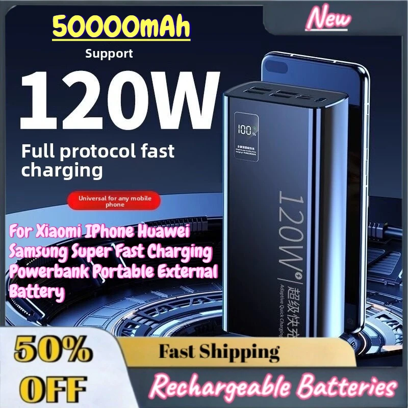 

In Stock New 50000mAh 120W Power Bank for Xiaomi IPhone Huawei Samsung Super Fast Charging Powerbank Portable External Battery