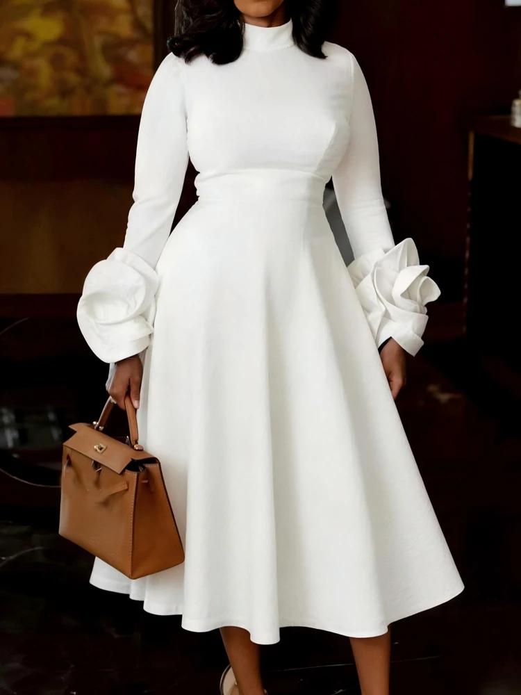 JENYAGE Damen schickes Midikleid mit hohem Kragen und langen Ärmeln, 3D-Rosenblüten-Manschetten, schmal geschnitten, A-Linie, einfarbig, dehnbar, elegantes formelles Partykleid – Detail 4