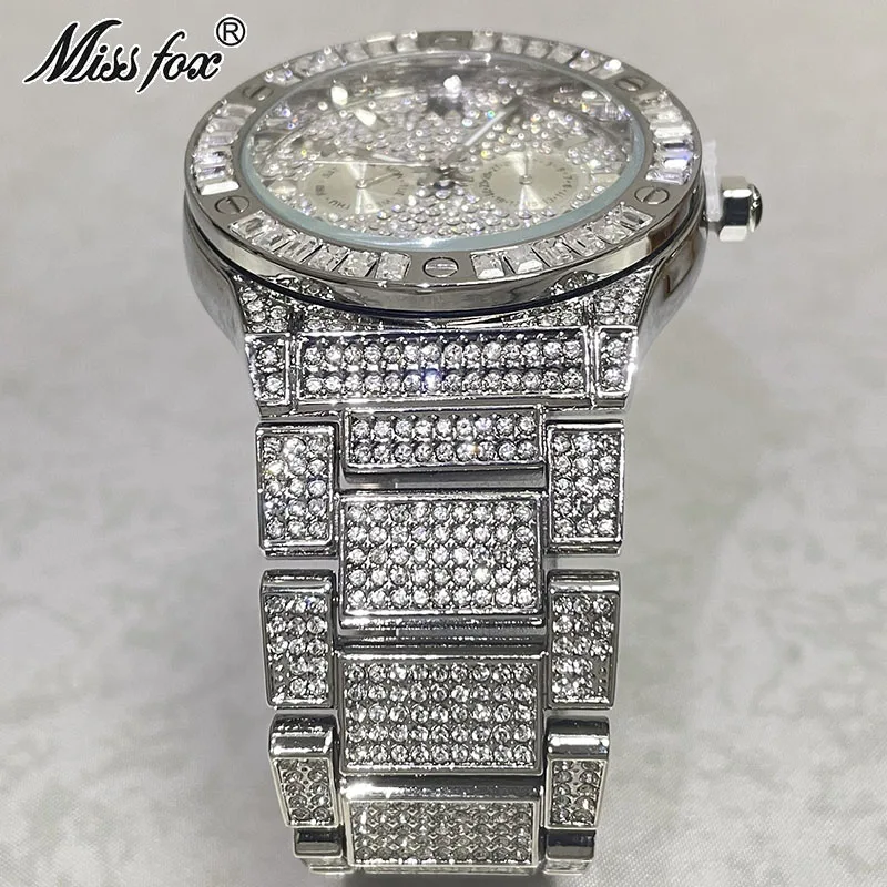 Imagem -04 - Missfox-relógio Hip Hop para Homens Quartzo Impermeável Gelado Relógios de Diamante Marcas de Luxo Relógios de Pulso Compras Gratuitas