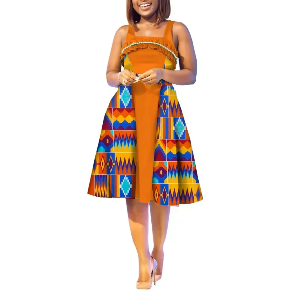 New Fashion Dashiki African Dresses for Women Patchwork Elegant Ankara Print Halter Dress Sleeveless African Women Clothing