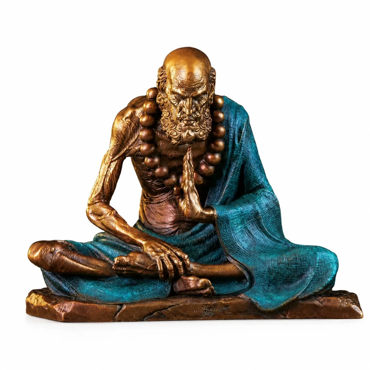 Handcrafted Solid Brass Contemplative Bodhidharma Zen Sculpture for Elegant Oriental Home Desktop Office Living Room Decor