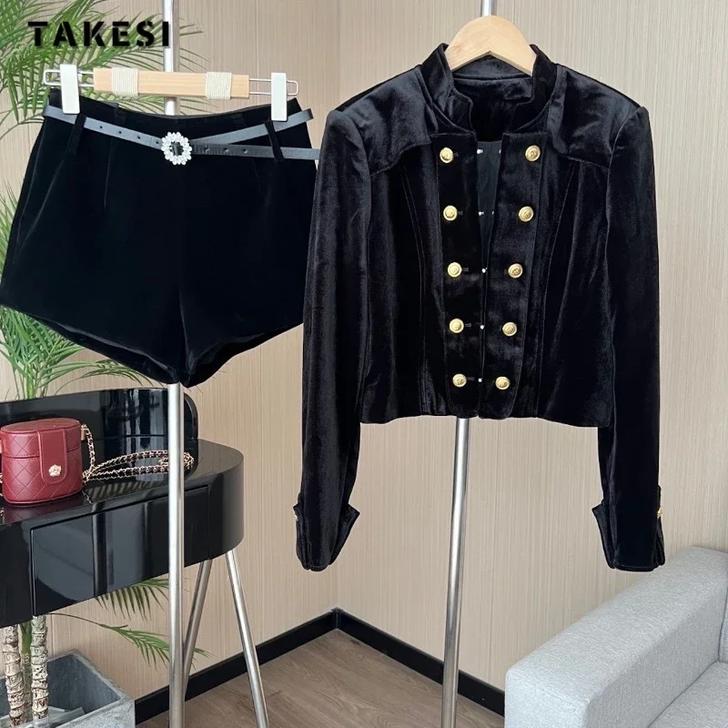 

2023 Autumn Winter Luxury Sexy Two-piece Set Women Long Sleeve Black Coat + Sheath Shorts Vintage Casual Shorts Set Outfits